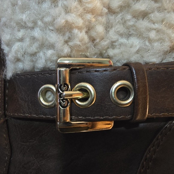 Dark Brown Faux Leather Platform Combat Boots with Shearling Trim and Block Heel - Picture 9 of 16